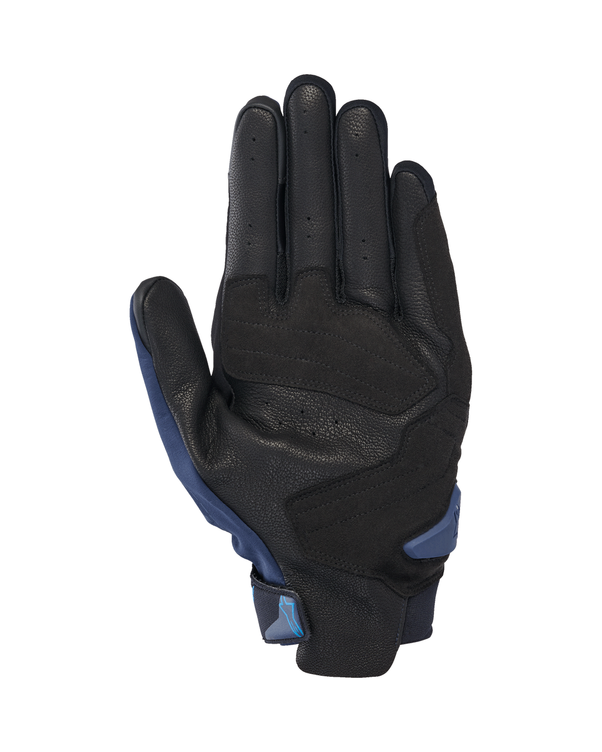 Alpinestars SP X 3 Handschuhe, Motorradhandschuhe, Dunkelblau und Blithe Blue, Handflächenansicht mit perforiertem schwarzem Leder, synthetischen Materialverstärkungen, TPR-Handflächen-Slider und integrierter Zuglasche für einfaches Anziehen.