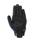 Alpinestars SP X 3 Handschuhe, Motorradhandschuhe, Dunkelblau und Blithe Blue, Handflächenansicht mit perforiertem schwarzem Leder, synthetischen Materialverstärkungen, TPR-Handflächen-Slider und integrierter Zuglasche für einfaches Anziehen.