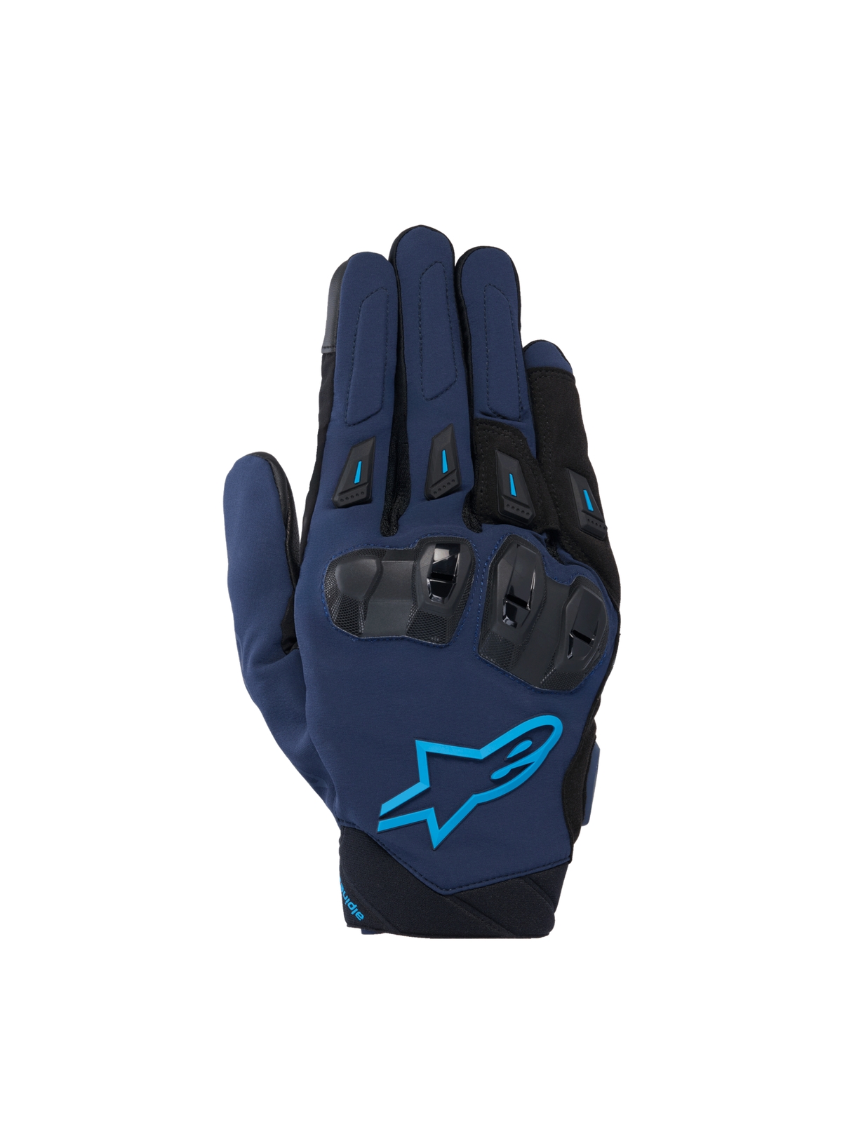 Alpinestars SP X 3 Gloves, Men's Motorcycle Sport Gloves in Dark Blue and Blithe Blue with TPU knuckle protection.