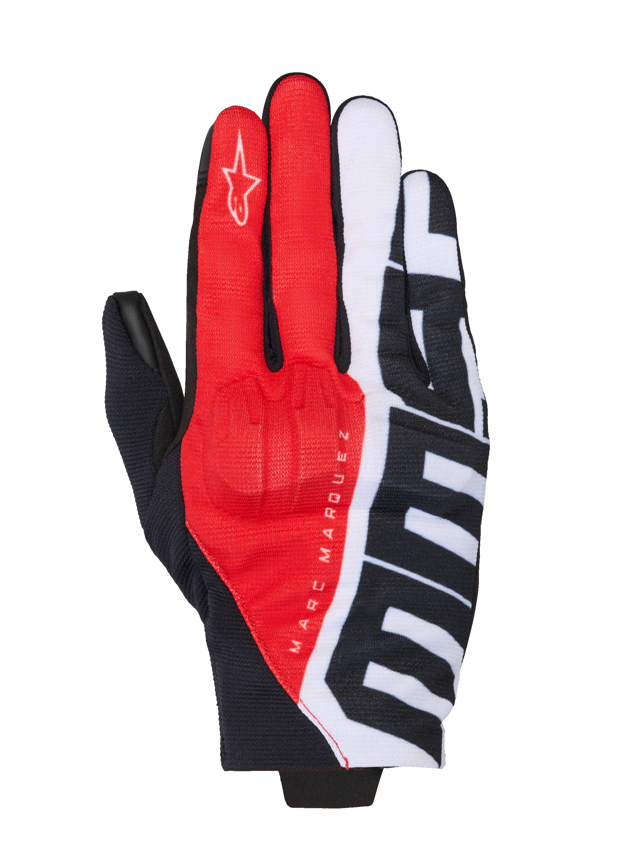 Alpinestars MM93 Reef V2 Handschuhe, Motorradhandschuhe, Schwarz, Hellrot und Weiß, mit Marc Marquez Signature-Branding und großen MM93-Grafiken, Textilkonstruktion mit integriertem Knöchelschutz, urbane Fahrerausrüstung mit kurzer Stulpe