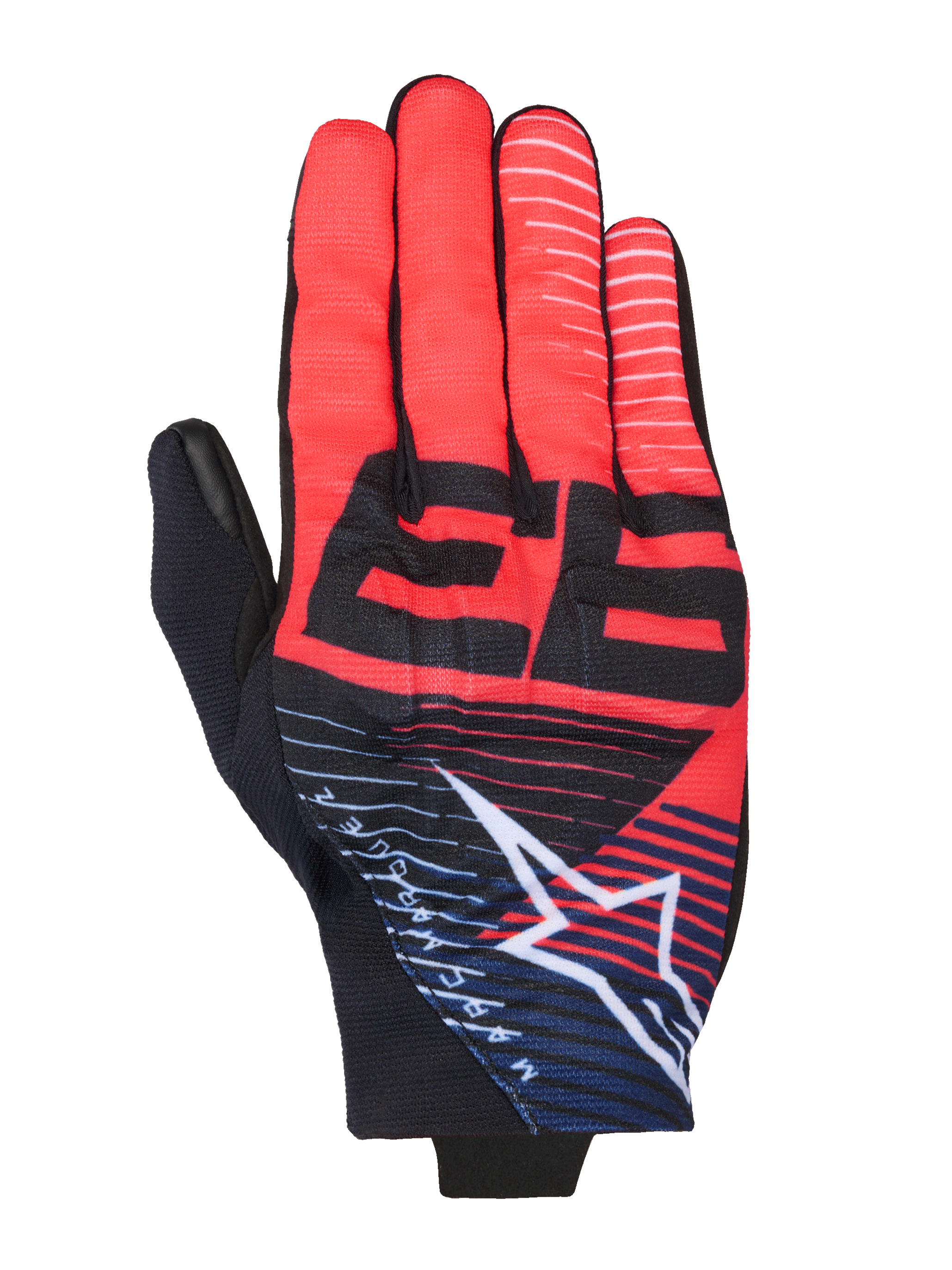 Alpinestars MM93 Reef V2 Handschuhe, Motorradhandschuhe, Rot und Schwarz mit navyblauen Akzenten, markante schwarze 93-Grafik, weißes Alpinestars Stern-Logo mit Streifen, modernes sportliches Design aus atmungsaktivem Stretchgewebe
