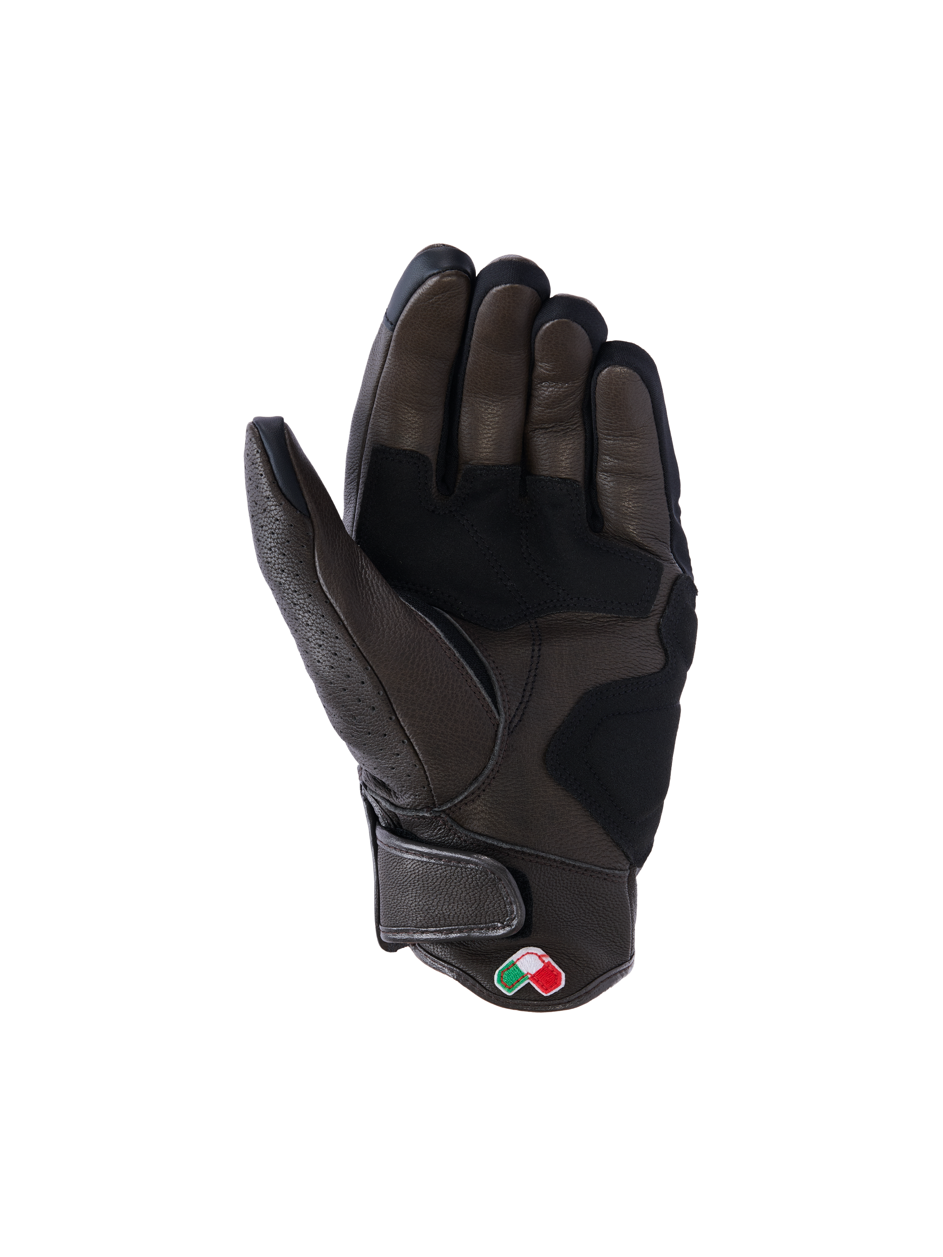 Alpinestars Mustang V3 Lederhandschuhe, Dunkelbraun und Schwarz, Handflächenansicht, verstärkte Lederkonstruktion, kurze Manschette mit Klettverschluss und kleiner bestickter Aufnäher, urbane Motorradausrüstung