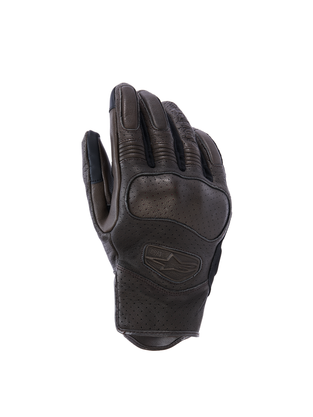 Alpinestars Mustang V3 Lederhandschuhe, Urban-Motorradhandschuhe, Dunkelbraun und Schwarz, mit laserperforierter Ziegenlederkonstruktion, integriertem Knöchelschutz und geprägtem Logo, kurzes Manschettendesign