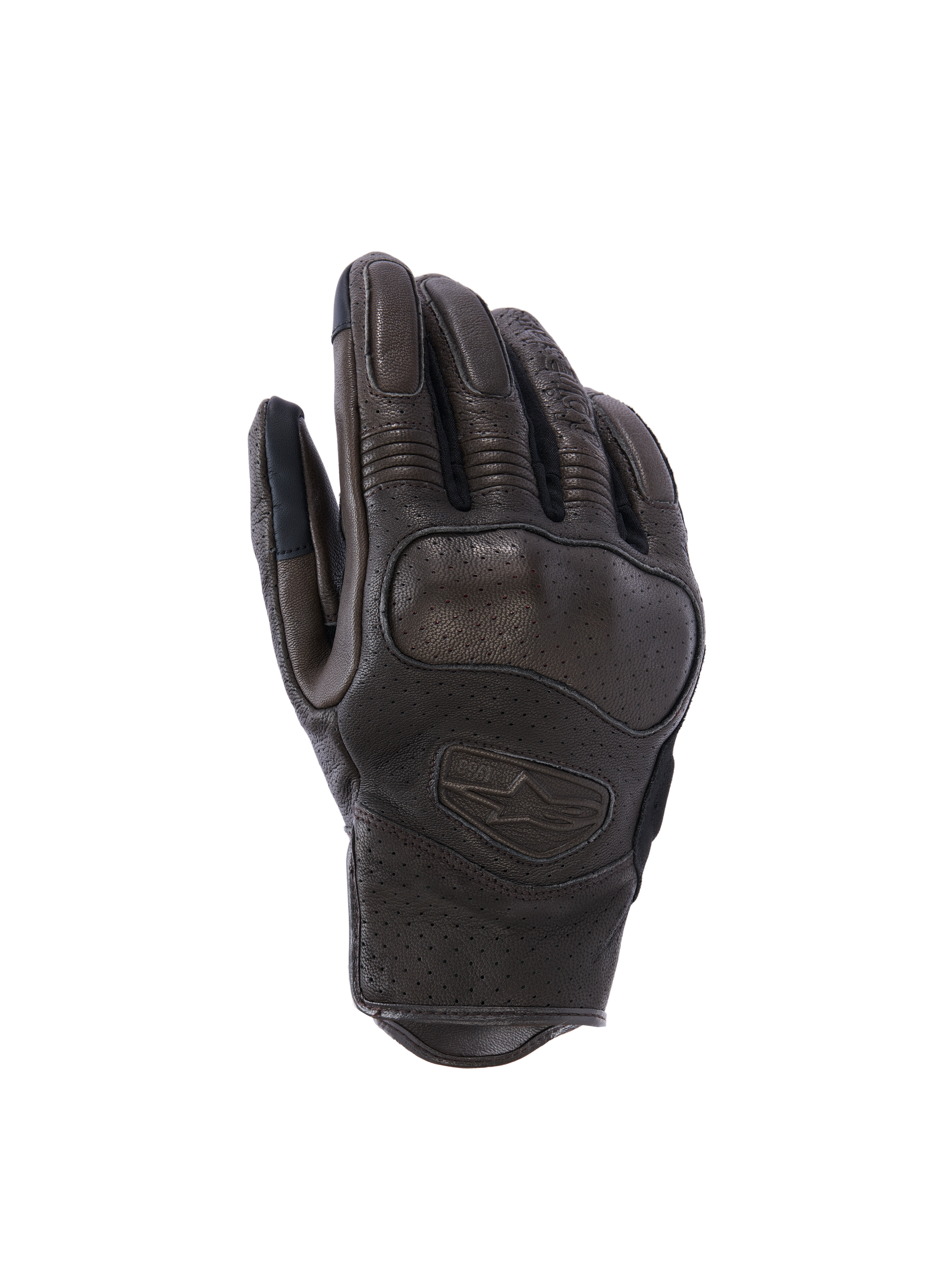 Alpinestars Mustang V3 Lederhandschuhe, Urban-Motorradhandschuhe, Dunkelbraun und Schwarz, mit laserperforierter Ziegenlederkonstruktion, integriertem Knöchelschutz und geprägtem Logo, kurzes Manschettendesign