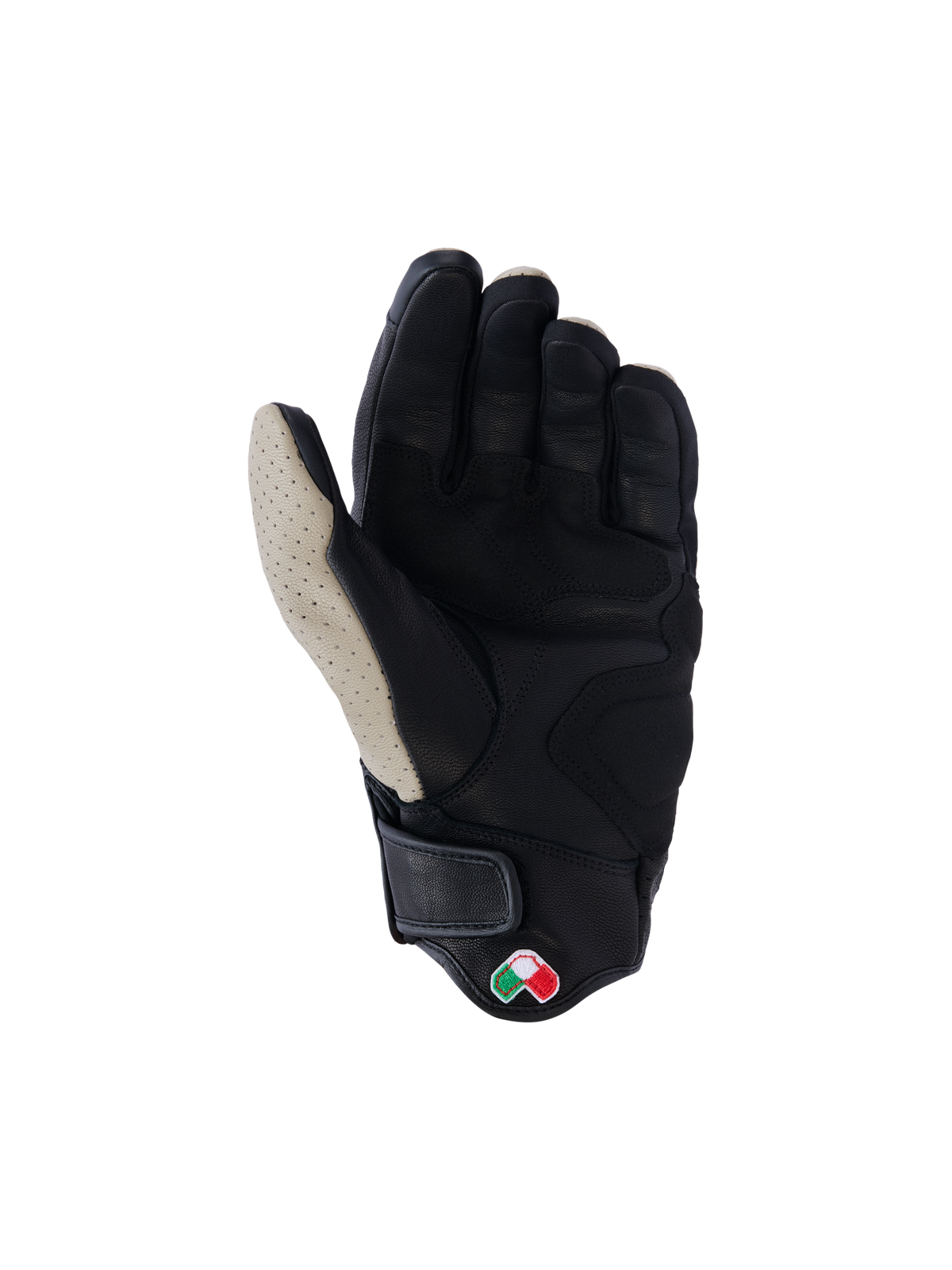 Alpinestars Mustang V3 Lederhandschuhe, Handflächenansicht, Aluminum Black, schwarzes Ziegenleder mit perforiertem hellgrauem Daumenbereich, verstärkte Handflächen- und Daumenzonen, kurzes Bündchen mit Klettverschluss, Heritage-inspirierte urbane Motorradhandschuhe