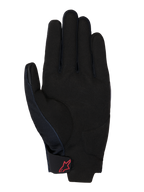 Honda Reef V2 Gloves, palm view, black synthetic suede with padded reinforcement, red Alpinestars logo on the hook-and-loop wrist strap, short cuff design for motorcycle riding