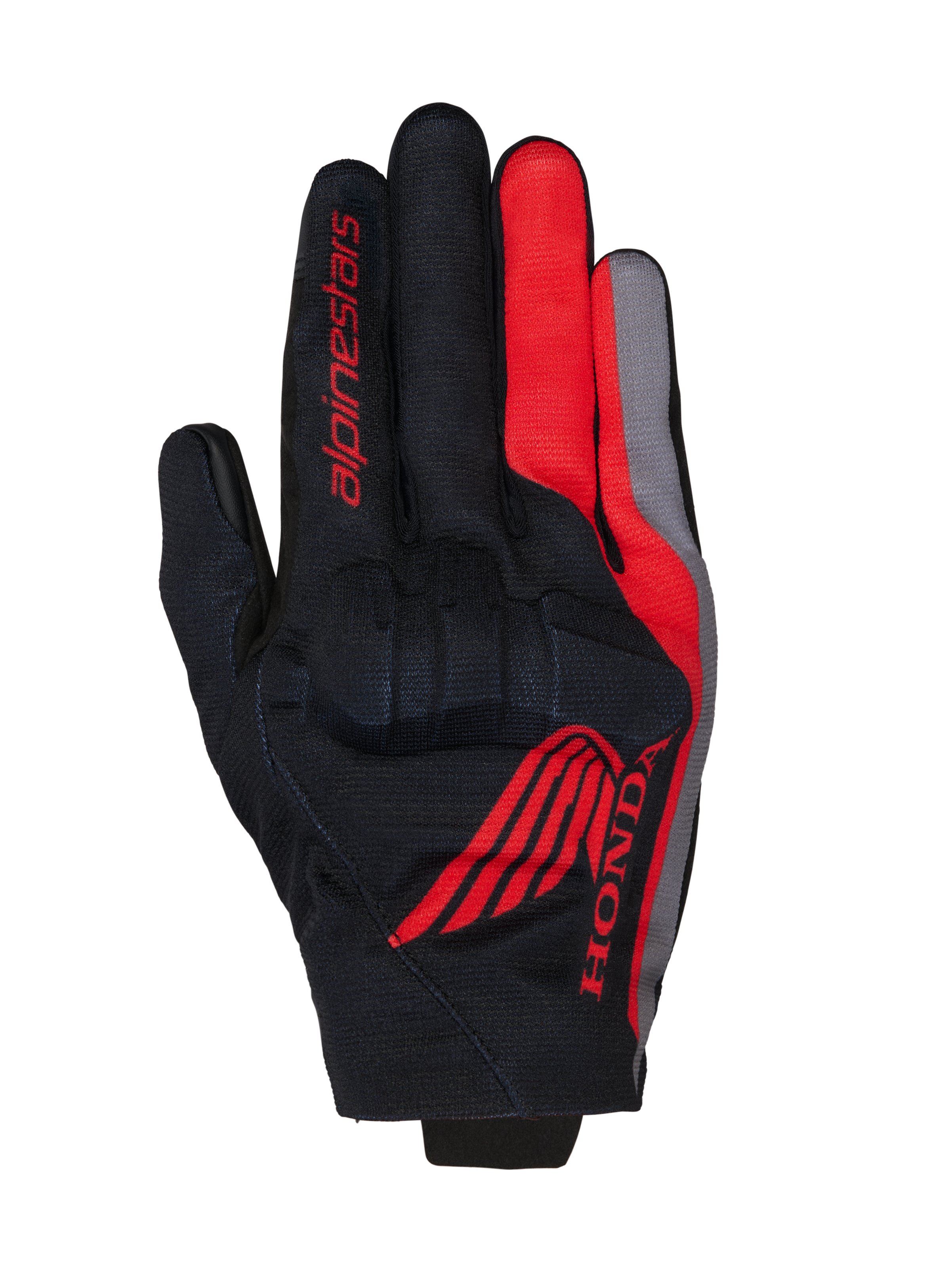Alpinestars Honda Reef V2 Handschuhe, Motorradhandschuhe, Schwarz mit leuchtend roten und dunkelgrauen Akzenten, mit rotem Honda Wing-Logo und Alpinestars-Branding, atmungsaktive Textilkonstruktion mit integriertem Knöchelschutz, kurzes Manschettendesign