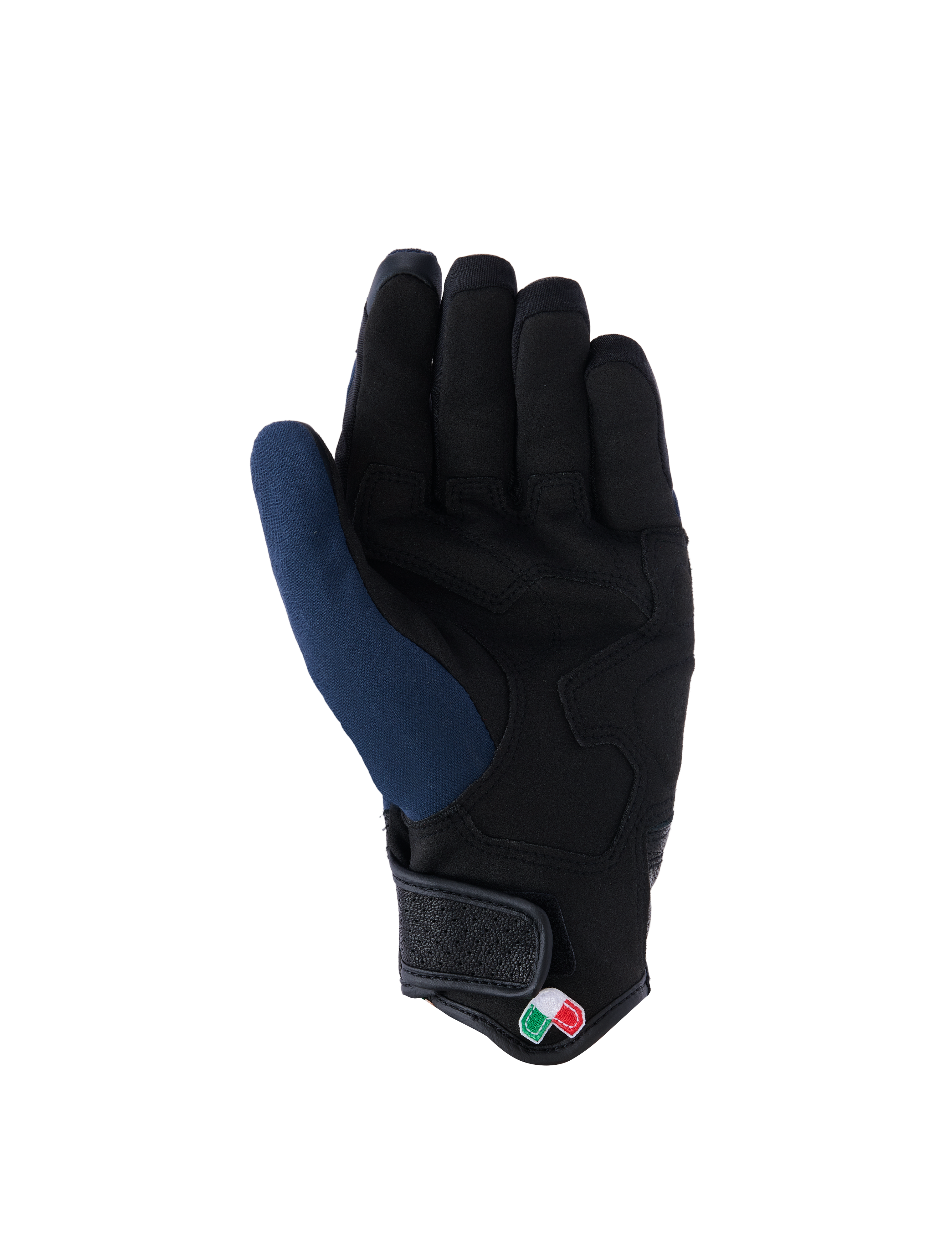 Alpinestars Tracker Handschuhe, Handflächenansicht, Dunkelblau und Schwarz, mit verstärkter Handfläche aus synthetischem Wildleder, kurzes Bündchen mit Klettverschluss und kleinem dreifarbigen Logo-Detail, urbane Motorradausrüstung