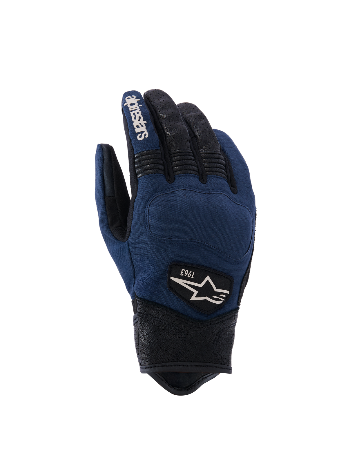 Alpinestars Tracker Gloves, Urban Motorcycle Gloves, Dark Blue and Black, textile backhand with perforated leather fingers and cuff, stretch accordion inserts, heritage 1963 logo patch, workwear-inspired style