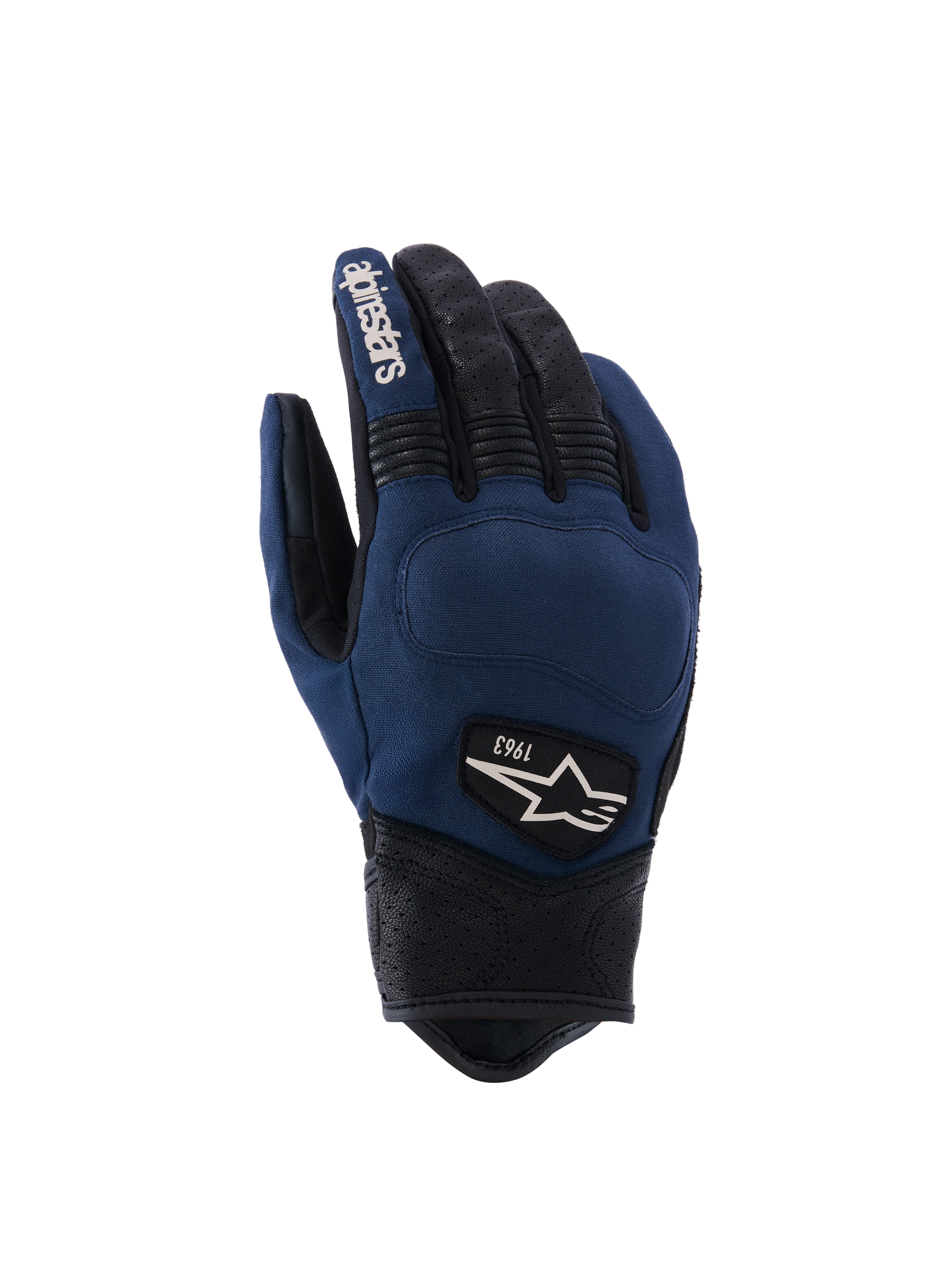 Alpinestars Tracker Handschuhe, Urbane Motorradhandschuhe, Dunkelblau und Schwarz, Textil-Handrücken mit perforierten Lederfingern und -bündchen, Stretch-Akkordeoneinsätze, 1963 Heritage-Logo-Patch, Workwear-inspirierter Stil