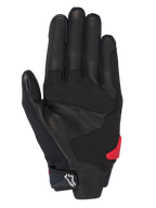 Alpinestars Honda SP X 3 Handschuhe, Motorradhandschuhe, Schwarz mit leuchtend roten Akzenten, Handflächenansicht mit perforiertem Leder, synthetischen Overlays für Griffigkeit, einem roten TPR-Handflächenschleifer und einem weißen Alpinestars-Logo auf der verstellbaren Manschette