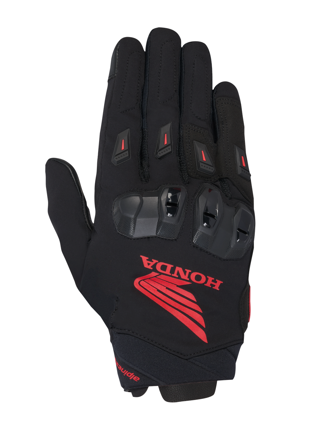 Alpinestars Honda SP X 3 Handschuh, Motorrad-Sporthandschuh, Schwarz mit markantem rotem Honda-Logo, schwarze TPU-Knöchelprotektoren, rote Fingerschleifer, Konstruktion aus technischem Textilgewebe und Leder