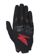 Alpinestars Honda SP X 3 Handschuh, Motorrad-Sporthandschuh, Schwarz mit markantem rotem Honda-Logo, schwarze TPU-Knöchelprotektoren, rote Fingerschleifer, Konstruktion aus technischem Textilgewebe und Leder