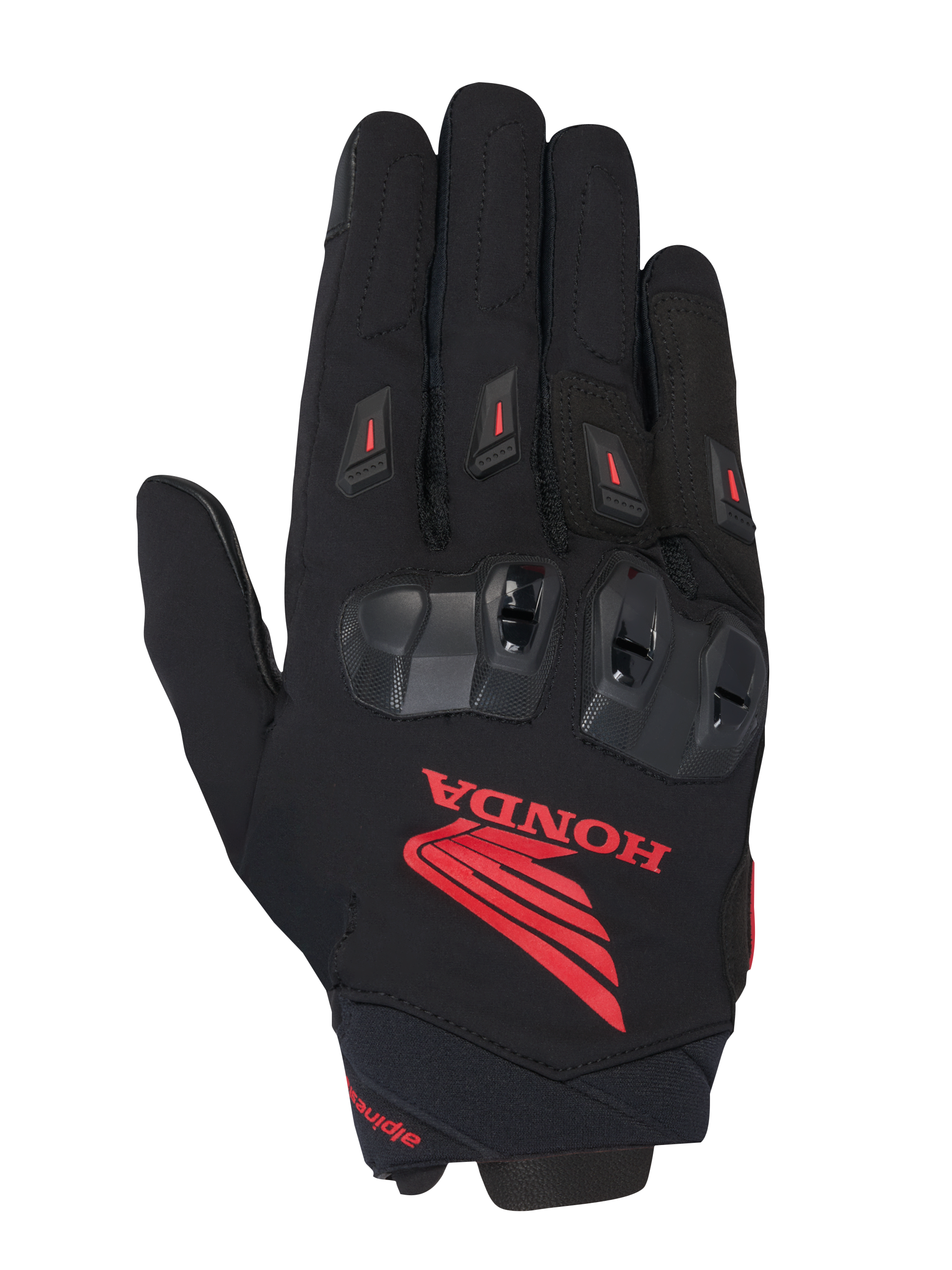 Alpinestars Honda SP X 3 Handschuh, Motorrad-Sporthandschuh, Schwarz mit markantem rotem Honda-Logo, schwarze TPU-Knöchelprotektoren, rote Fingerschleifer, Konstruktion aus technischem Textilgewebe und Leder