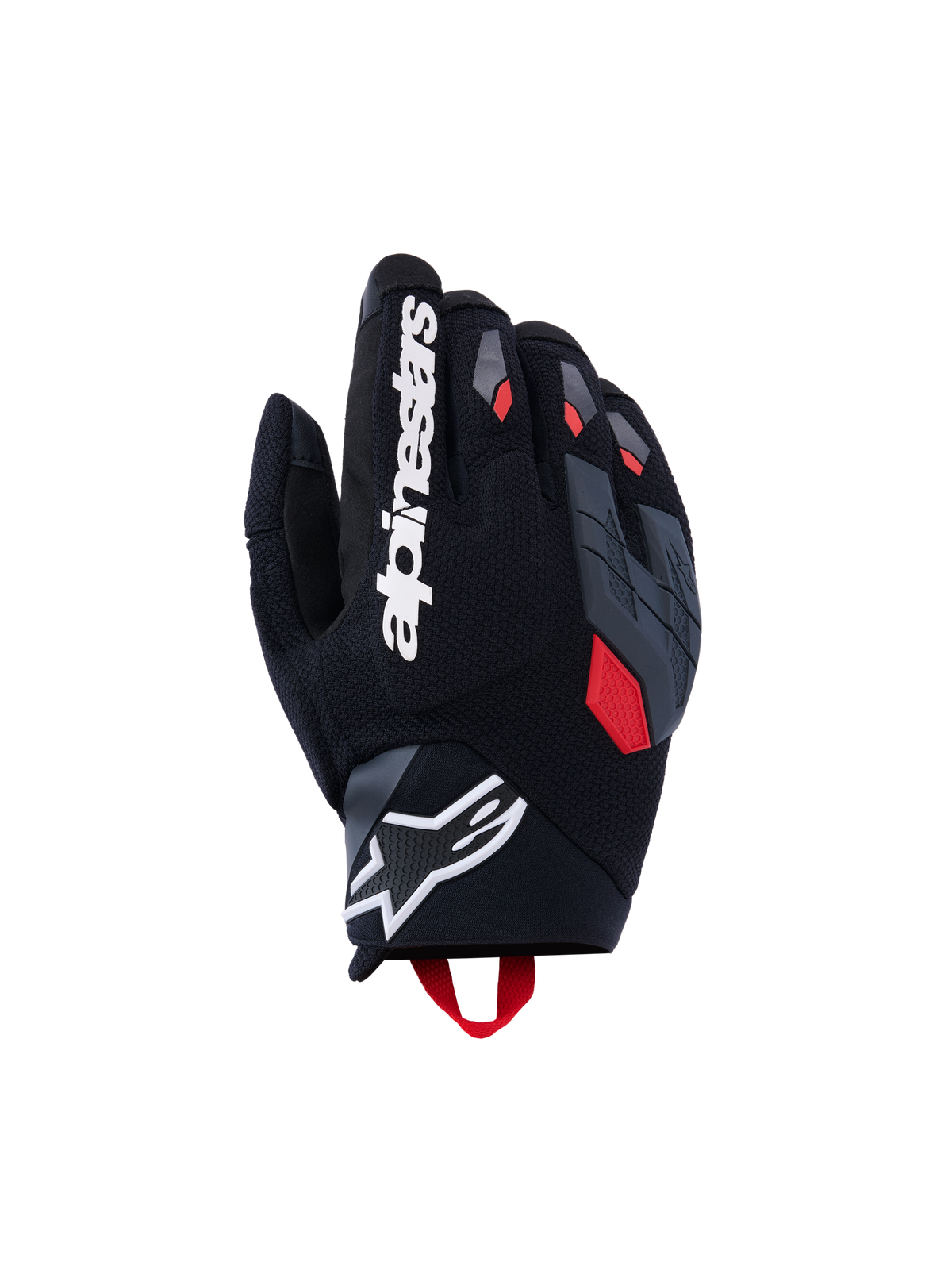Alpinestars Durack Handschuhe, Motorradhandschuhe, Schwarz mit dunkelgrauen und leuchtend roten Akzenten, mit strukturiertem Textil-Handrücken, geteiltem grauem Knöchelschutz, großem weißem Alpinestars-Schriftzug auf dem Zeigefinger und weißem Stern-Logo am Neopren-Handgelenk.