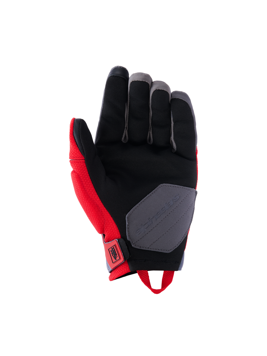 Alpinestars Durack Handschuhe, Motorradhandschuhe, Hellrot und Mittelgrau, Handflächenansicht mit Konstruktion aus synthetischem Wildleder, schwarze Handfläche mit grauem Verstärkungspatch, rote Seiteneinsätze und Zugschlaufe am Handgelenk