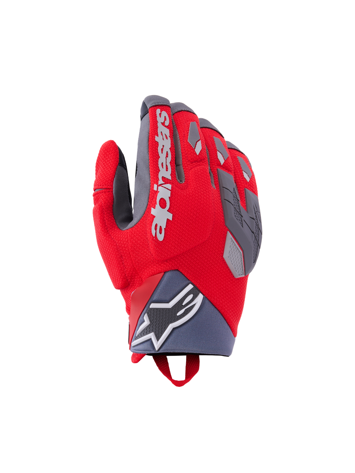 Alpinestars Durack Handschuhe, Motorradhandschuhe, Hellrot und Mittelgrau, geteilter Knöchelschutz mit grauen TPR-Akzenten, weißes Alpinestars-Branding auf dem Handrücken, Neopren-Bündchen mit Stern-Logo, Performance-Adventure-Design
