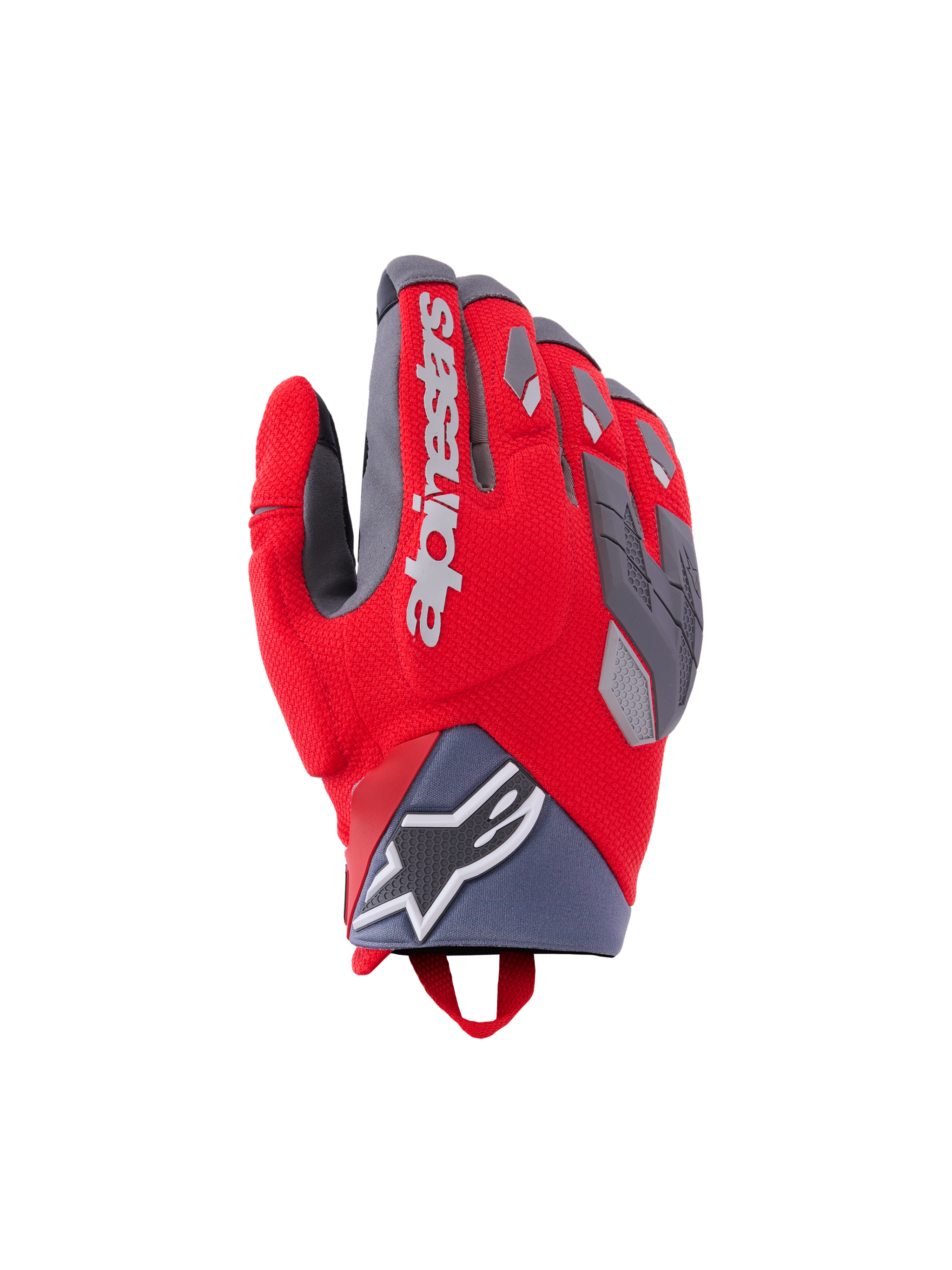 Alpinestars Durack Handschuhe, MTB-Handschuhe, Rot mit Grauen und Schwarzen Akzenten, Texturiertes Gewebe, Gepolsterte Schutzbereiche an Fingerspitzen und Knöcheln, Geometrische Muster, Handschlaufe am Handgelenk