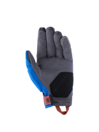 Alpinestars Durack Gloves, Adventure Motorcycle Gloves, Royal Blue and Deep Gray, palm view featuring gray synthetic suede construction, black reinforcement padding on the heel, red wrist tab, and orange pull loop.