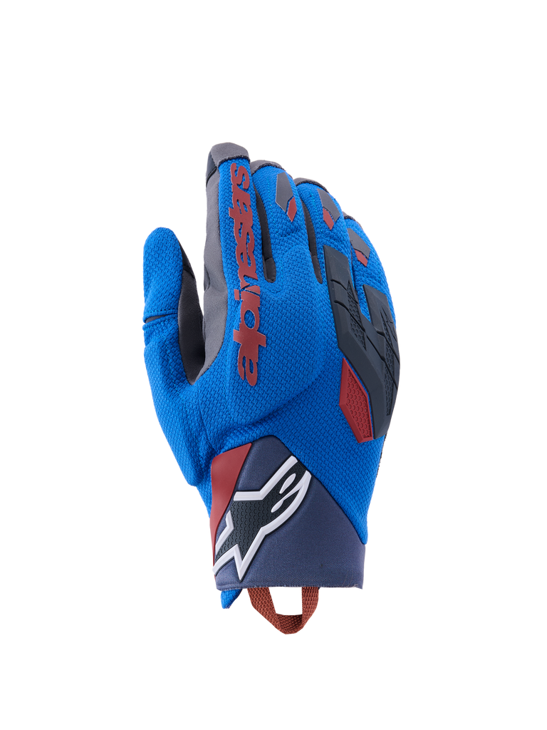 Alpinestars Durack Handschuhe, MTB-Handschuhe, Blau mit Roten Akzenten und Schwarzen Details, Texturierte Oberfläche mit Grauen Bereichen, Logo am Handgelenk, Gummipatches an den Fingern, Verstellbarer Handgelenksverschluss