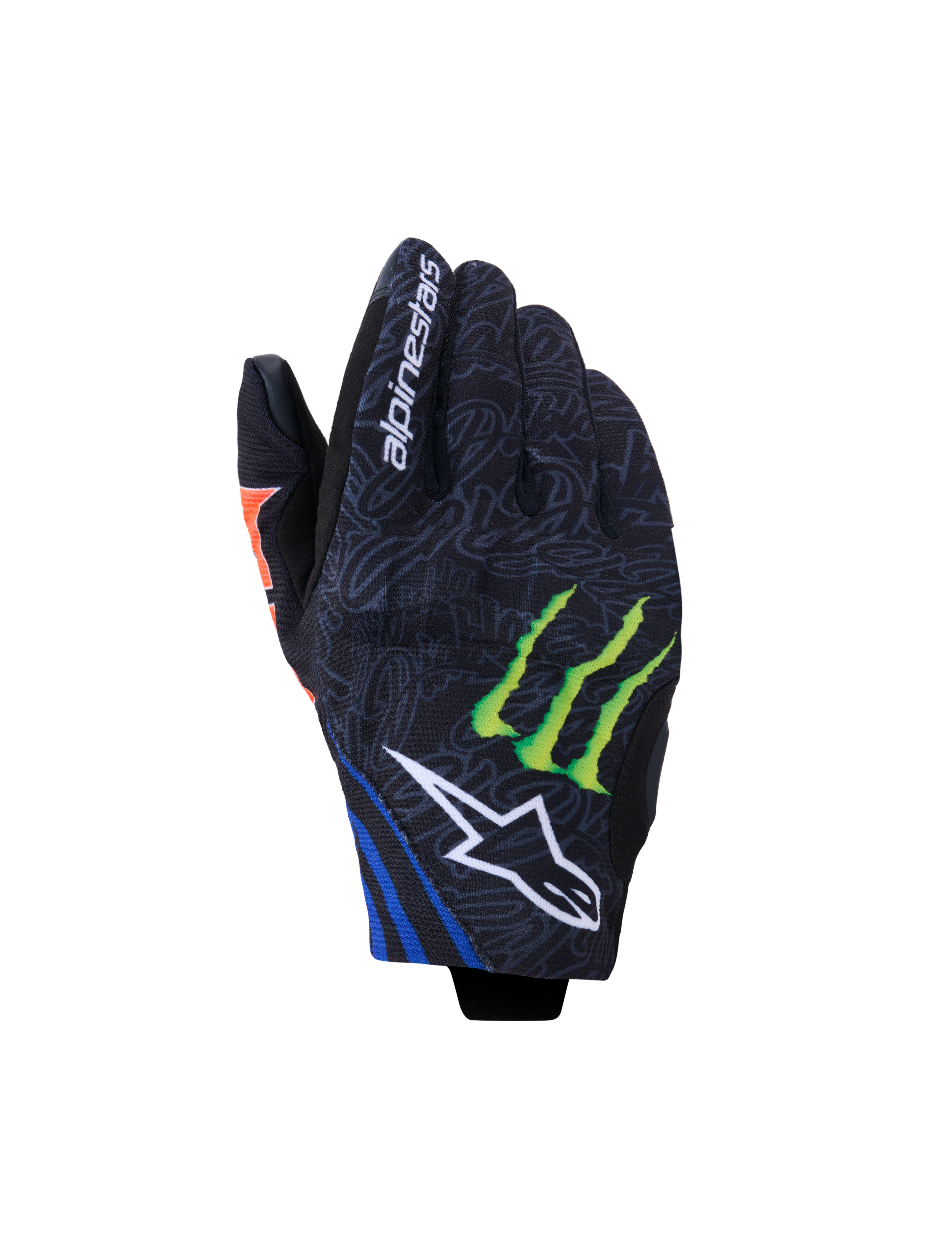 Alpinestars FQ20 Reef V2 Monster Handschuhe, Motorradhandschuhe, Schwarz mit Akzenten in Fluo-Rot, Blau und Grün, mit Monster Energy Krallen-Logo und weißem Alpinestars Stern-Logo, kurzes Stulpendesign mit grau gemustertem Textil
