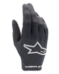Alpinestars 2025 Radar Gloves, Motocross Gloves, Black, white Alpinestars logo on the backhand and wordmark at the wrist, breathable mesh material with perforated thumb reinforcement, lightweight gear for off-road racing