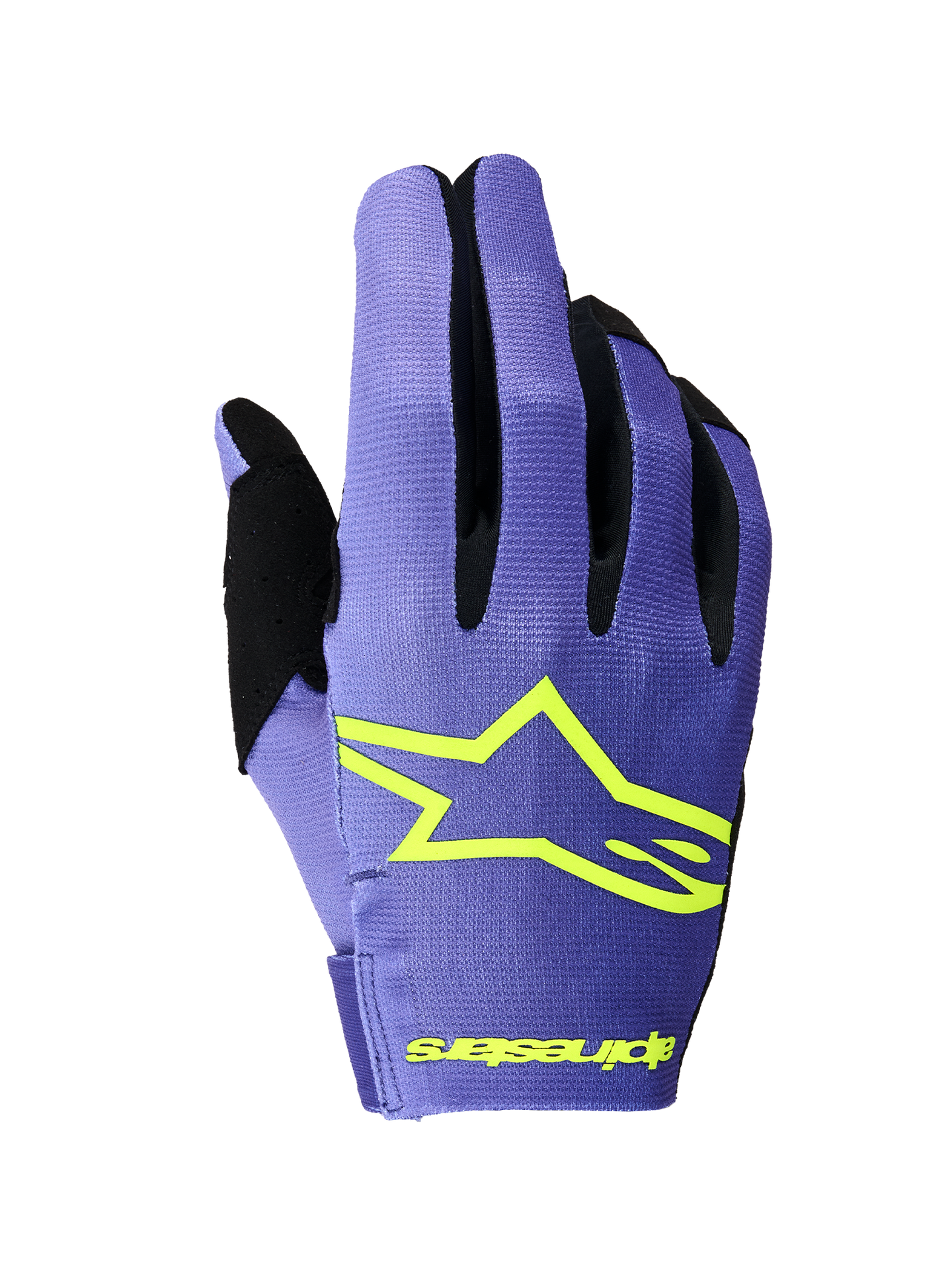 Alpinestars 2026 Radar Handschuhe, Motocross-Handschuhe, Lila und Gelb Fluo, Ansicht der Oberhand mit markantem gelbem Alpinestars-Sternlogo, schwarzen Fingereinsätzen und leichter Stretch-Textil-Konstruktion für Offroad-Rennsport
