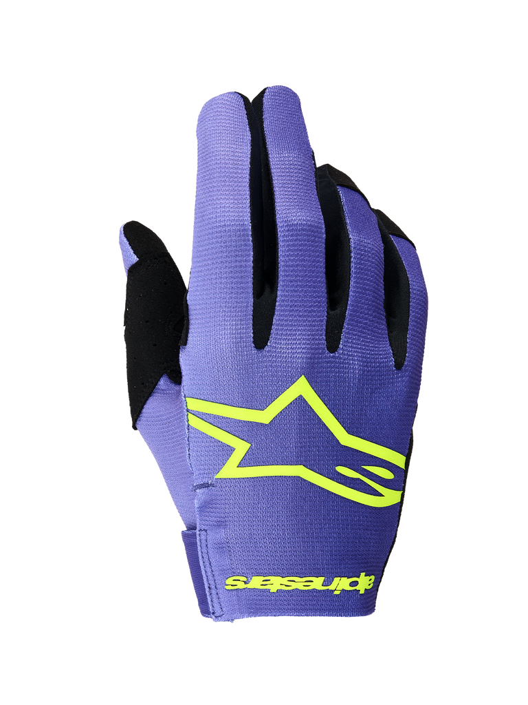 Alpinestars 2026 Radar Gloves, Motocross Gloves, Purple and Yellow Fluo, backhand view featuring a prominent yellow Alpinestars star logo, black finger gussets, and lightweight stretch textile construction for off-road racing