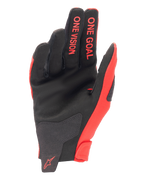 Alpinestars 2025 Radar Gloves, Motocross Gloves, Mars Red and Black, palm side view showing synthetic suede, red 'ONE GOAL' and 'ONE VISION' lettering on fingers, red logo on the wrist, performance off-road gear