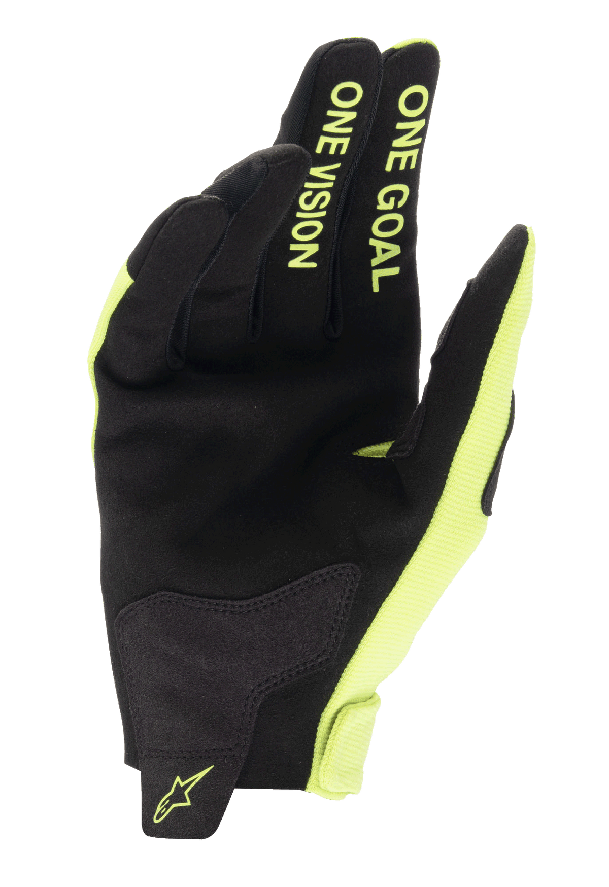 Alpinestars Radar Handschuhe 2025, Herren, Schwarz und Gelb Fluo, Wildlederhandfläche mit One Goal One Vision Finger-Text.