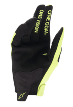 Alpinestars Radar Handschuhe 2025, Herren, Schwarz und Gelb Fluo, Wildlederhandfläche mit One Goal One Vision Finger-Text.