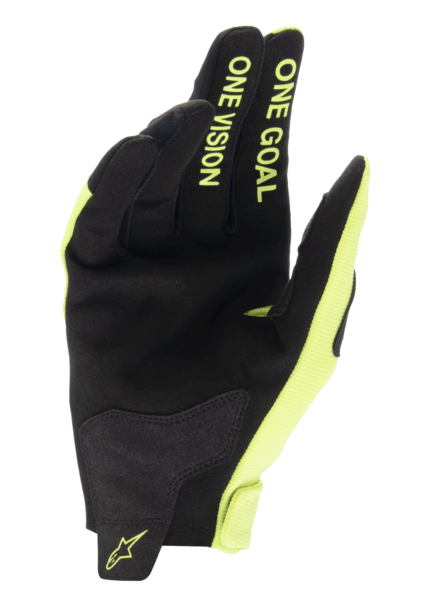 Alpinestars Radar Handschuhe 2025, Herren, Schwarz und Gelb Fluo, Wildlederhandfläche mit One Goal One Vision Finger-Text.