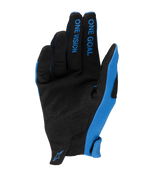 Alpinestars 2025 Radar Handschuhe, Motocross-Handschuhe, Blau und Schwarz, Handflächenansicht mit synthetischem Wildleder, „ONE GOAL ONE VISION“-Schriftzug auf den Fingern, blaue Seitenteile und kleines Logo am Handgelenk, leichtes Offroad-Renndesign