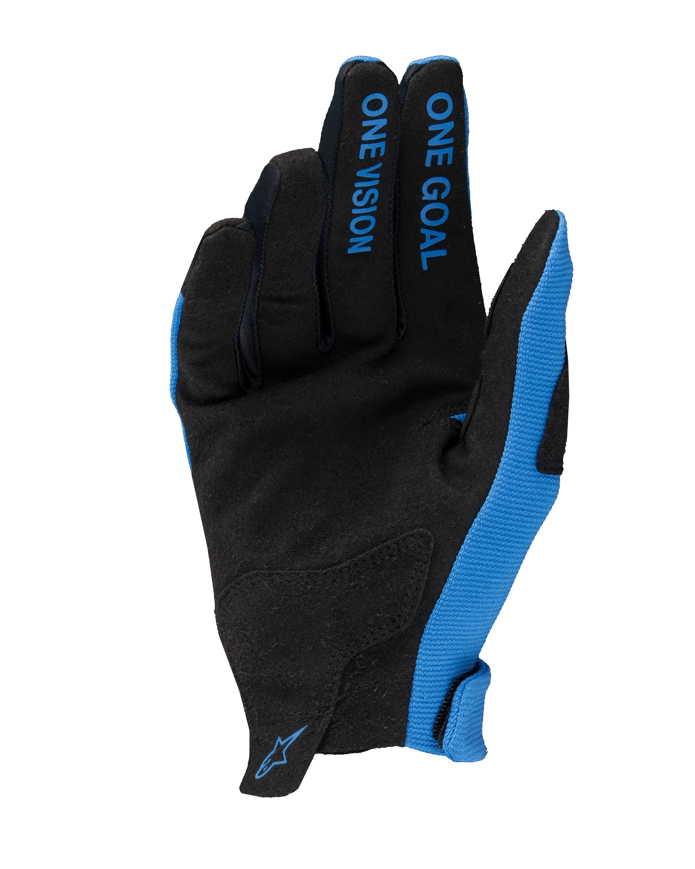 Alpinestars 2025 Radar Handschuhe, Motocross-Handschuhe, Blau und Schwarz, Handflächenansicht mit synthetischem Wildleder, „ONE GOAL ONE VISION“-Schriftzug auf den Fingern, blaue Seitenteile und kleines Logo am Handgelenk, leichtes Offroad-Renndesign