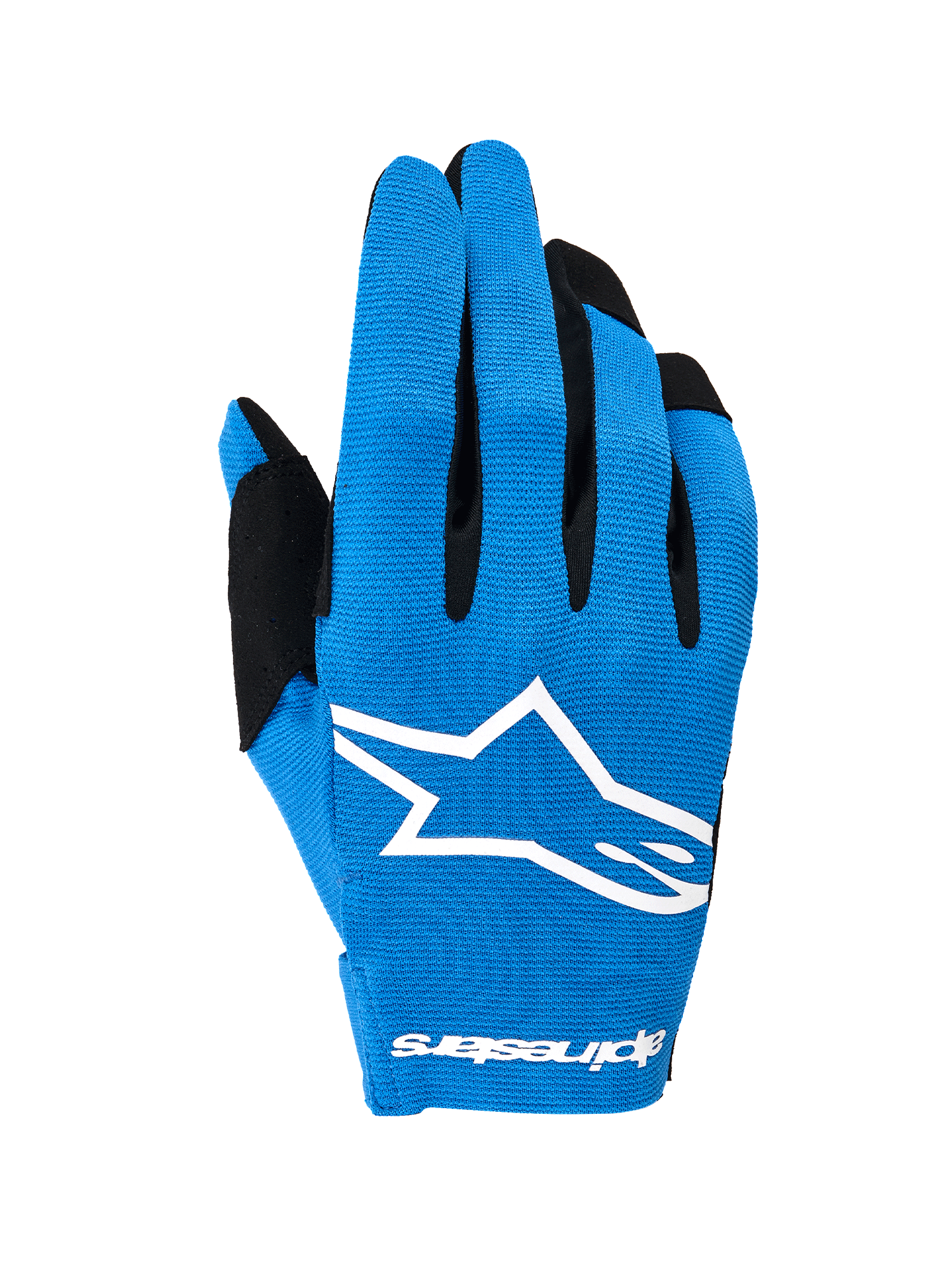 Alpinestars 2026 Radar Gloves, Motocross Gloves, Blue and White, featuring a single-layer stretch backhand with a large white Astars logo, black finger accents, lightweight performance design for off-road riding