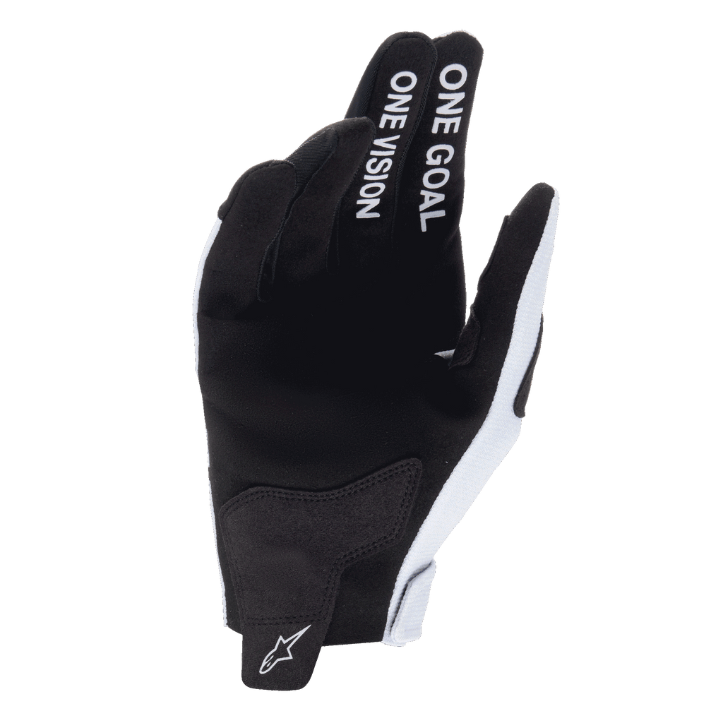 Alpinestars 2025 Radar Gloves, Motocross Gloves, Haze Gray and Black, palm view showing synthetic suede material, 'ONE GOAL ONE VISION' text on index and middle fingers, white logo on wrist puller, durable off-road racing design