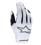 Alpinestars 2025 Radar Gloves, Motocross Gloves, White and Black, featuring a textured synthetic backhand with a prominent black star logo, black accents between fingers, seamless wrist closure with branding, lightweight form-fitting design for off-road racing