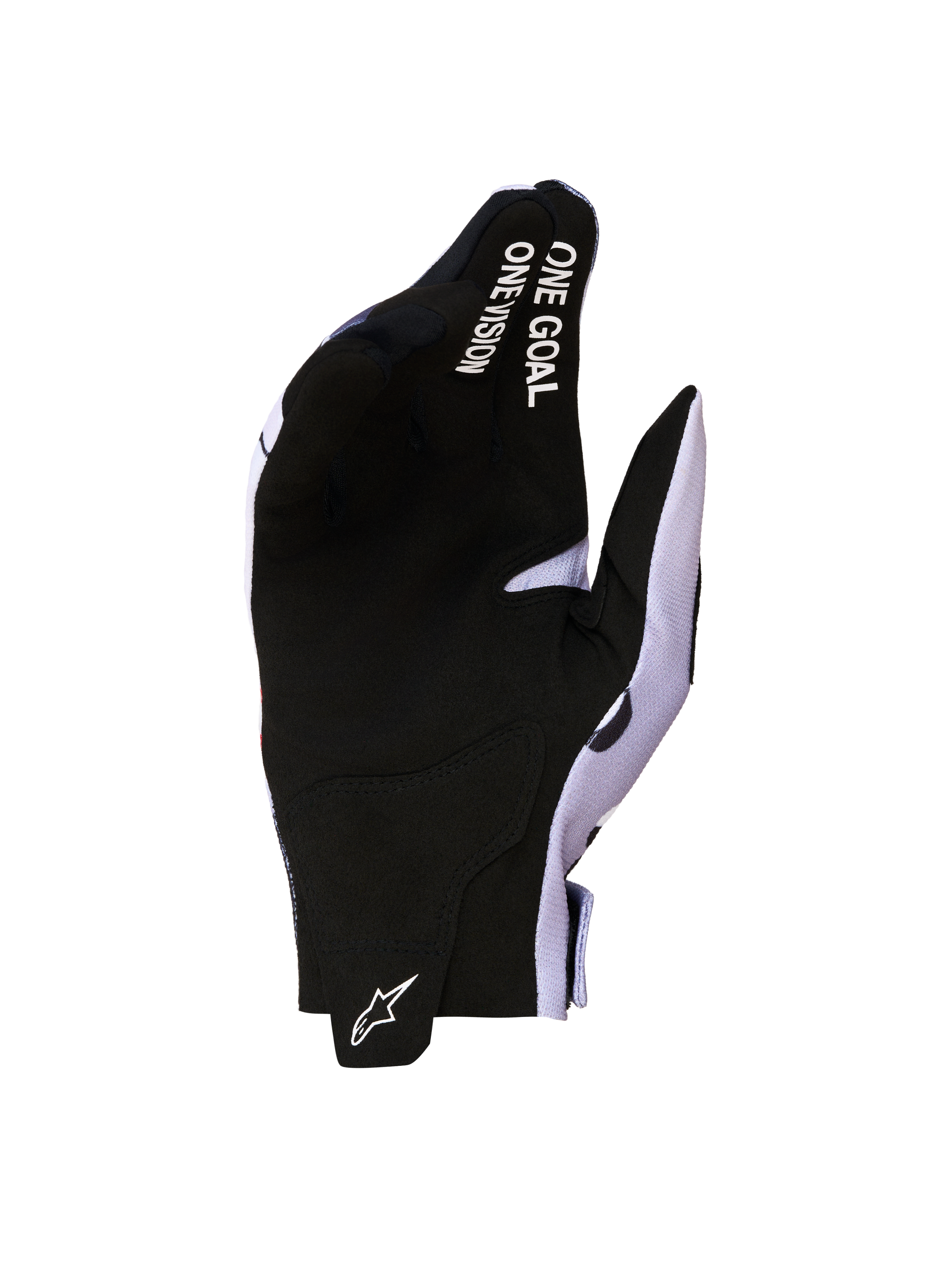 Alpinestars Radar Handschuhe 2027, schwarz-graue Motocross-Handschuhe mit synthetischer Wildlederhandfläche und One Goal One Vision Branding.