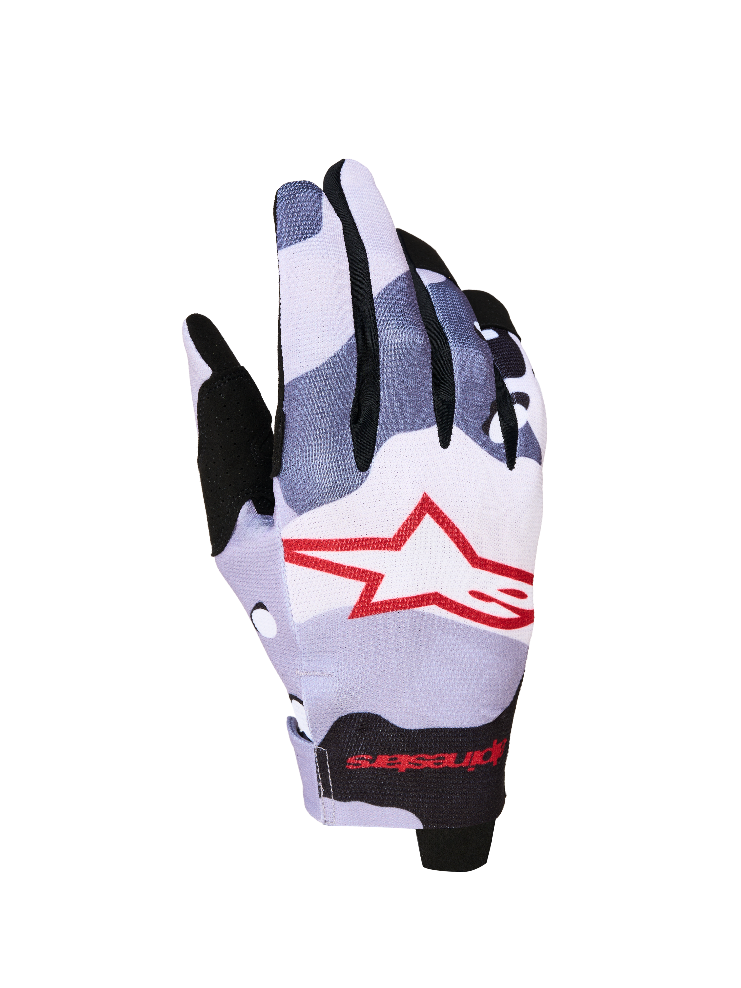 Alpinestars Radar Handschuhe 2027, Herren-Motocross-Handschuhe in Eschegrau und Rot mit sublimierter Stern-Grafik.