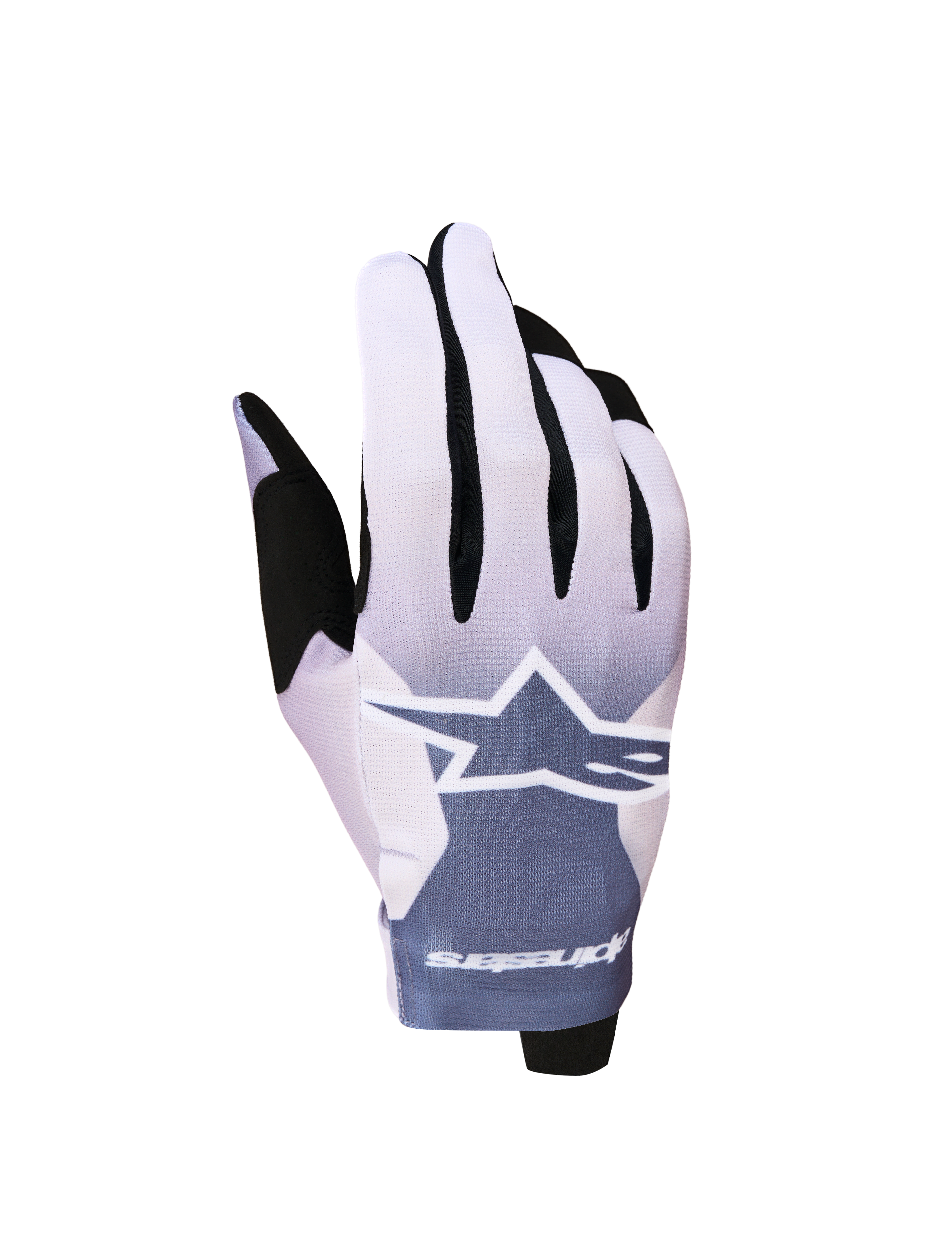 Alpinestars Radar Handschuhe 2027, leichte Motocrosshandschuhe in Grau und Helllila mit weißem Stern-Logo.