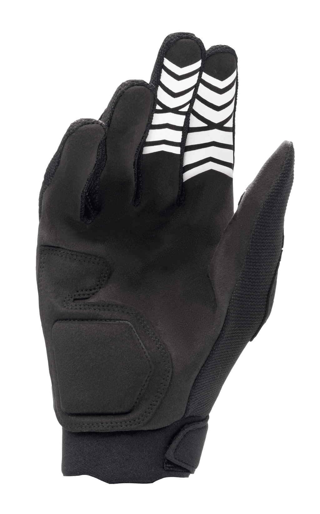 Alpinestars Full Bore XT Handschuhe, Schwarz, Ansicht der Handfläche aus Synthetik-Wildleder mit weißen Chevron-Gripmustern an den Fingern und einem ergonomischen Handgelenkverschluss, entwickelt für Enduro- und Offroad-Fahrten.