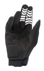 Alpinestars Full Bore XT Handschuhe, Schwarz, Ansicht der Handfläche aus Synthetik-Wildleder mit weißen Chevron-Gripmustern an den Fingern und einem ergonomischen Handgelenkverschluss, entwickelt für Enduro- und Offroad-Fahrten.