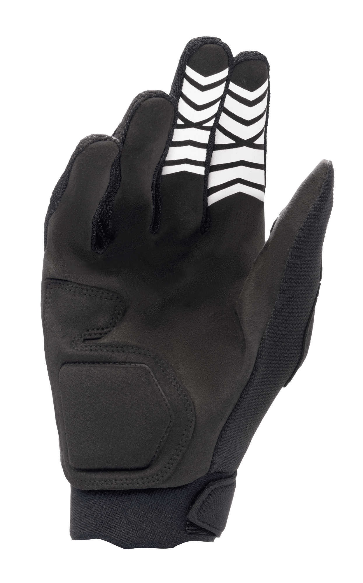 Alpinestars Full Bore XT Handschuhe, Schwarz, Ansicht der Handfläche aus Synthetik-Wildleder mit weißen Chevron-Gripmustern an den Fingern und einem ergonomischen Handgelenkverschluss, entwickelt für Enduro- und Offroad-Fahrten.