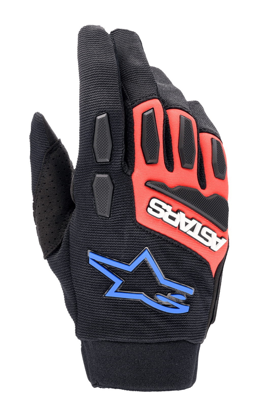 Alpinestars Full Bore XT Handschuhe, Offroad-Motorradhandschuhe, Schwarz, leuchtendes Rot und Blau, mit TPR-Knöchel- und Fingerschutz, atmungsaktivem Stretchgewebe, weißem ASTARS-Logo auf rotem Panel und blauem Stern-Logo