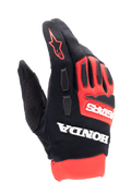 Alpinestars Honda Full Bore Handschuhe, Motocross-Handschuhe, leuchtendes Rot und Schwarz, markantes weißes Honda- und Astars-Branding, TPR-Knöchelschutz, atmungsaktive Stretch-Textilkonstruktion und rotes Stern-Logo auf dem Finger, sportliches Offroad-Rennsport-Design