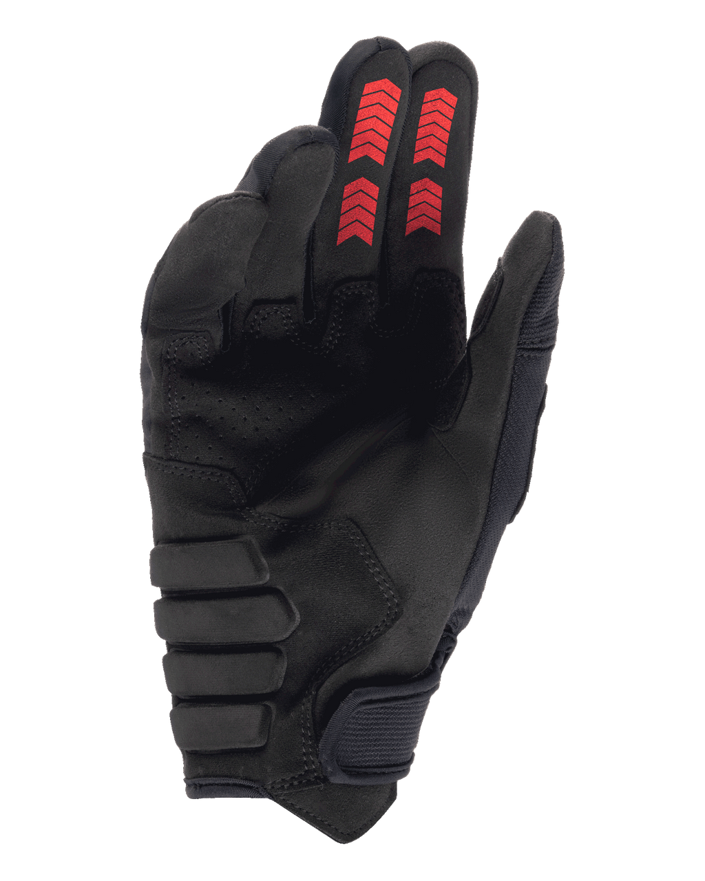 Alpinestars Techdura Gloves, Off-road Enduro Gloves, Black with Fire Red, palm side view featuring reinforced synthetic suede, red chevron graphics on fingertips, and hook-and-loop wrist closure.