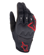 Alpinestars Techdura Gloves, Fire Red Black, Motocross and Enduro Riding Gloves, black textured fabric with red star logos, reinforced knuckle and finger protection, breathable mesh panels, durable off-road motorcycle gear