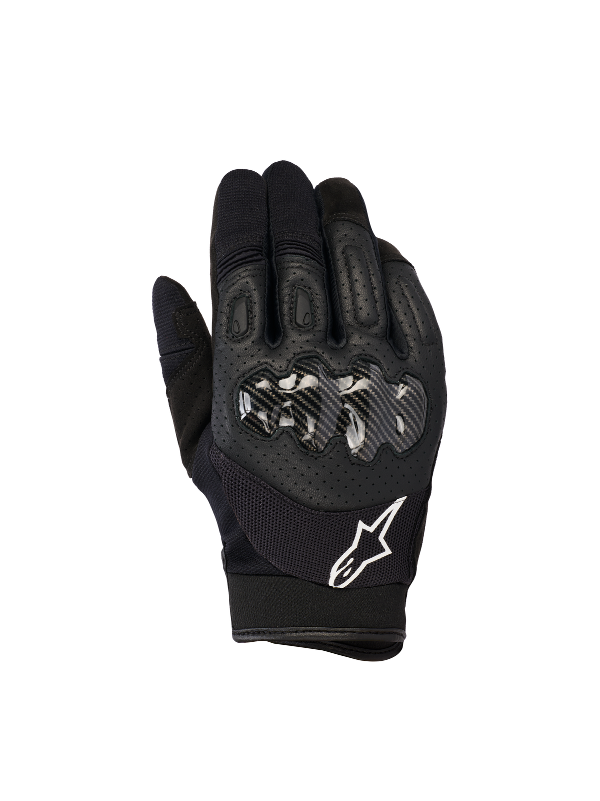 Alpinestars Megawatt V2 Handschuhe, Motocross- und Enduro-Handschuhe, Schwarz, Hartschalen-Knöchelschutz mit Carbon-Optik, perforiertes Leder auf der Oberhand für Atmungsaktivität, weißes Alpinestars Logo am Bündchen, strapazierfähiger Offroad-Schutz
