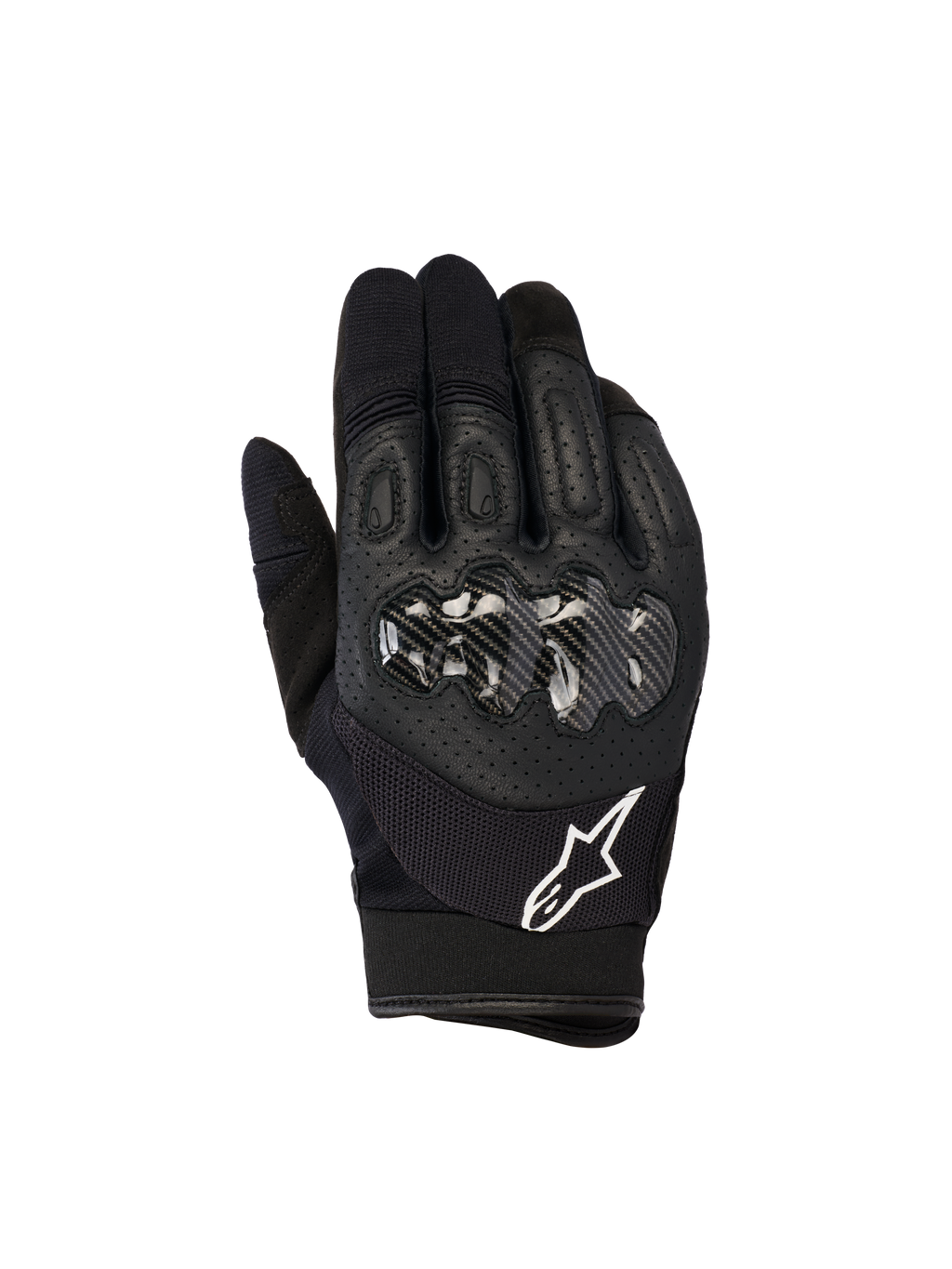 Alpinestars Megawatt V2 Handschuhe, Motocross- und Enduro-Handschuhe, Schwarz, Hartschalen-Knöchelschutz mit Carbon-Optik, perforiertes Leder auf der Oberhand für Atmungsaktivität, weißes Alpinestars Logo am Bündchen, strapazierfähiger Offroad-Schutz