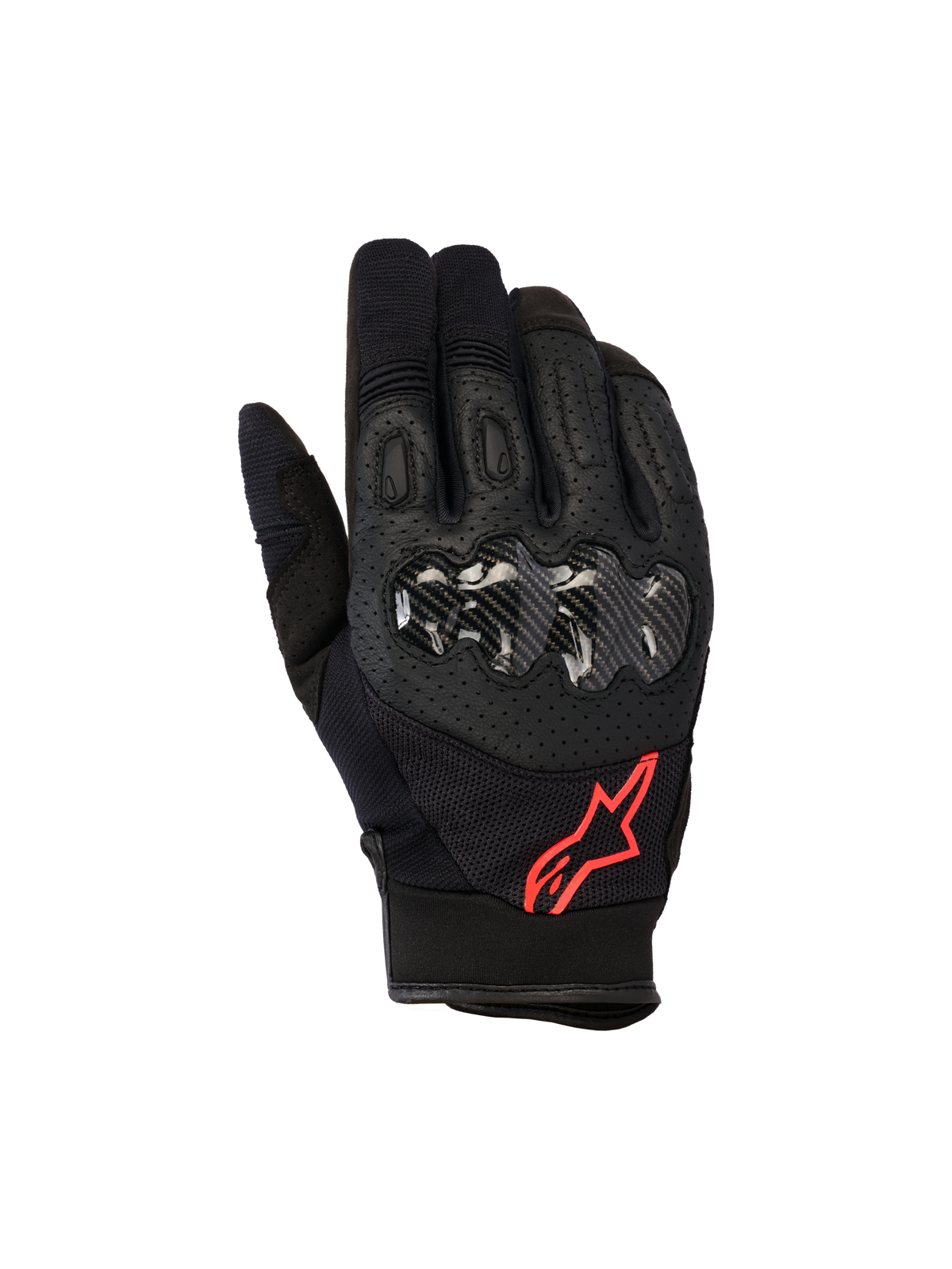 Alpinestars Megawatt V2 Handschuhe, Motocross-Handschuhe, Schwarz und Fluo-Rot, mit Hartschalen-Knöchelschutz in Carbon-Optik, perforiertem Leder zur Belüftung und rotem Stern-Logo, strapazierfähige Offroad-Ausrüstung